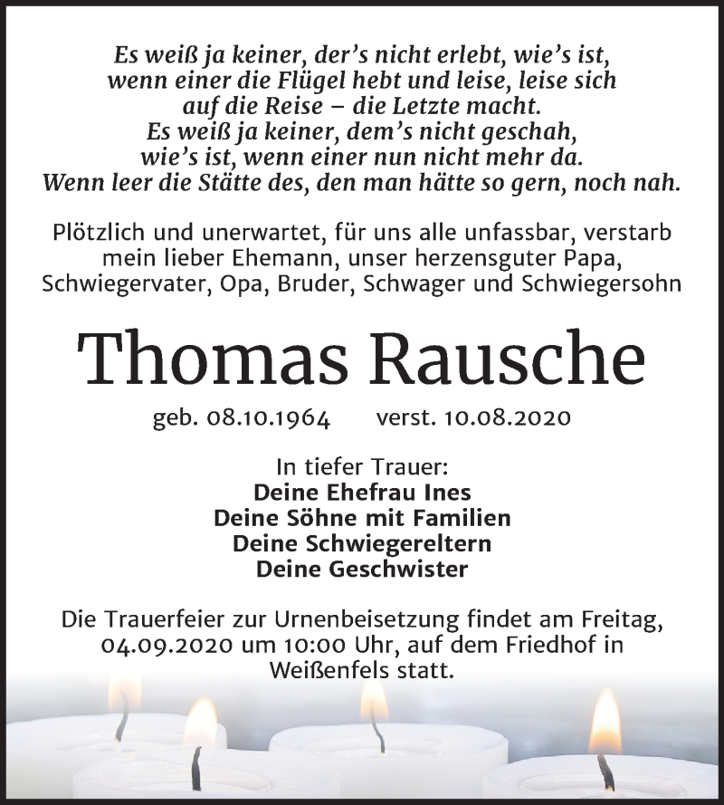  Traueranzeige für Thomas Rausche vom 26.08.2020 aus Wochenspiegel Weißenfels
