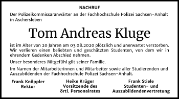 Traueranzeige von Tom Andreas Kluge von Mitteldeutsche Zeitung Dessau-Roßlau