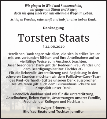 Traueranzeige von Torsten Staats von Super Sonntag Wittenberg