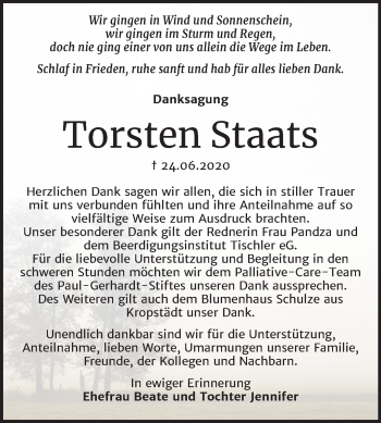 Traueranzeige von Torsten Staats von Mitteldeutsche Zeitung Wittenberg