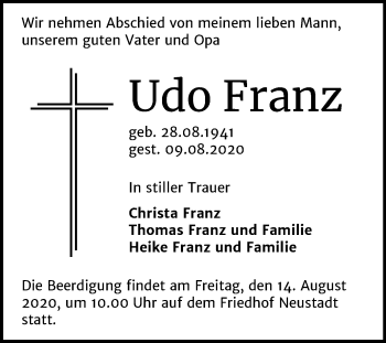 Traueranzeige von Udo Franz von Mitteldeutsche Zeitung Halle/Saalkreis