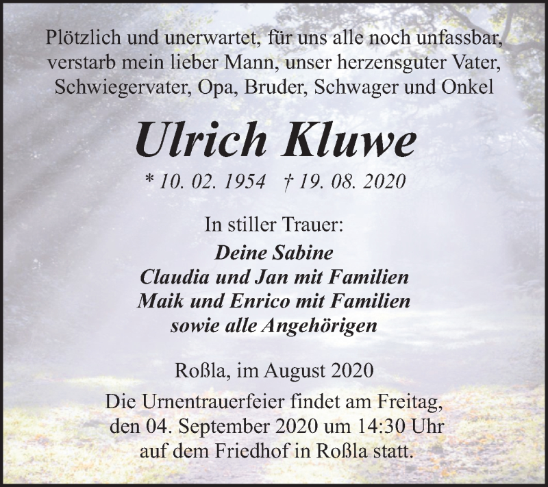  Traueranzeige für Ulrich Kluwe vom 29.08.2020 aus Super Sonntag Sangerhausen
