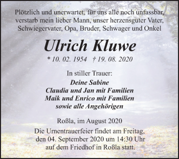 Traueranzeige von Ulrich Kluwe von Super Sonntag Sangerhausen