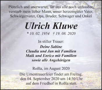 Traueranzeige von Ulrich Kluwe von Mitteldeutsche Zeitung Sangerhausen