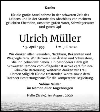 Traueranzeige von Ulrich Müller von Mitteldeutsche Zeitung Halle/Saalkreis