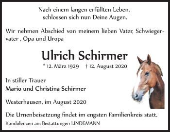 Traueranzeige von Ulrich Schirmer von Mitteldeutsche Zeitung Quedlinburg