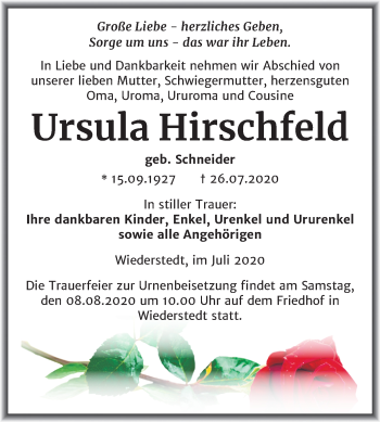 Traueranzeige von Ursula Hirschfeld von Wochenspiegel Mansfelder Land