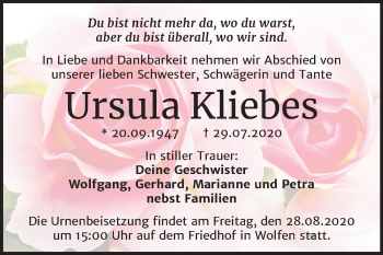 Traueranzeige von Ursula Kliebes von Mitteldeutsche Zeitung Bitterfeld