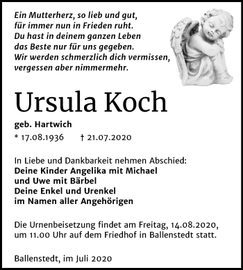 Traueranzeige von Ursula Koch von Mitteldeutsche Zeitung Quedlinburg