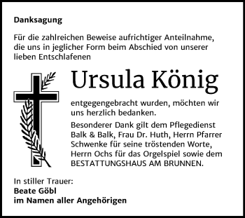 Traueranzeige von Ursula König von Mitteldeutsche Zeitung Mansfelder Land