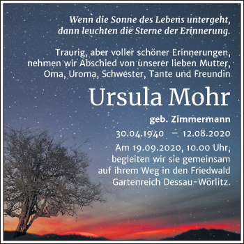Traueranzeige von Ursula Mohr von Mitteldeutsche Zeitung Bitterfeld / Dessau-Roßlau / Wittenberg / Köthen