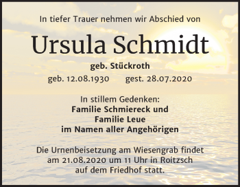 Traueranzeige von Ursula Schmidt von Wochenspiegel Bitterfeld