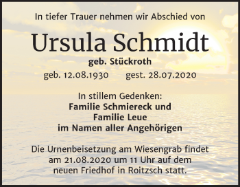 Traueranzeige von Ursula Schmidt von Mitteldeutsche Zeitung Bitterfeld