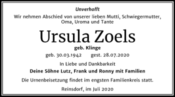 Traueranzeige von Ursula Zoels von Super Sonntag Wittenberg