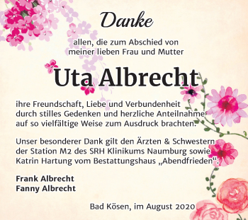 Traueranzeige von Uta Albrecht von Mitteldeutsche Zeitung Naumburg/Nebra