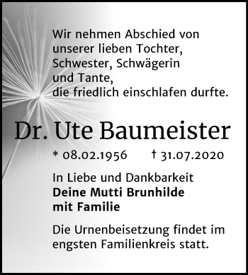 Traueranzeige von Ute Baumeister von Mitteldeutsche Zeitung Halle/Saalkreis