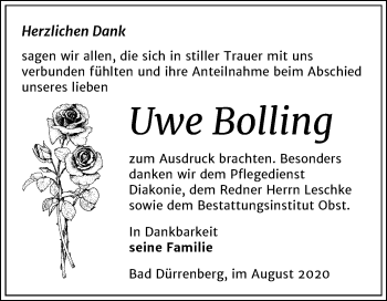 Traueranzeige von Uwe Bolling von Super Sonntag Merseburg/Querfurt