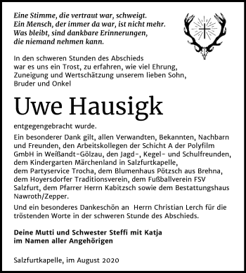Traueranzeige von Uwe Hausigk von Wochenspiegel Bitterfeld