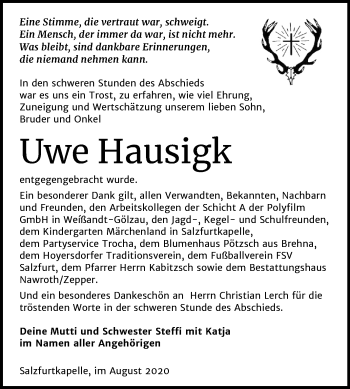 Traueranzeige von Uwe Hausigk von Mitteldeutsche Zeitung Bitterfeld