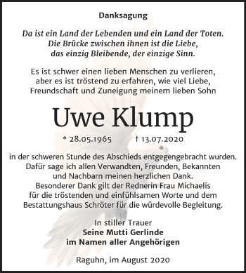 Traueranzeige von Uwe Klump von Mitteldeutsche Zeitung Bitterfeld