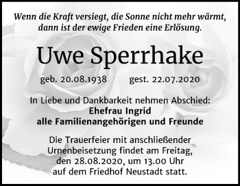 Traueranzeige von Uwe Sperrhake von Mitteldeutsche Zeitung Halle/Saalkreis