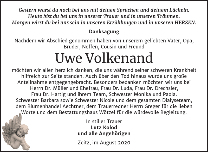  Traueranzeige für Uwe Volkenand vom 22.08.2020 aus Mitteldeutsche Zeitung Zeitz