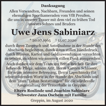 Traueranzeige von Uwe Jens Sabiniarz von Mitteldeutsche Zeitung Bitterfeld