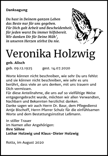 Traueranzeige von Veronika Holzwig von Super Sonntag Wittenberg
