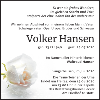 Traueranzeige von Volker Hansen von Super Sonntag Sangerhausen