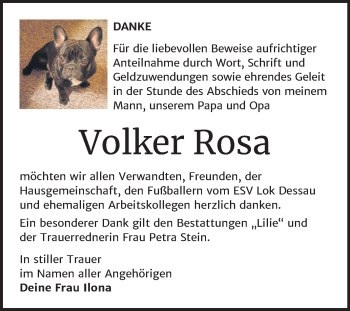 Traueranzeige von Volker Rosa von Super Sonntag Dessau-Roßlau