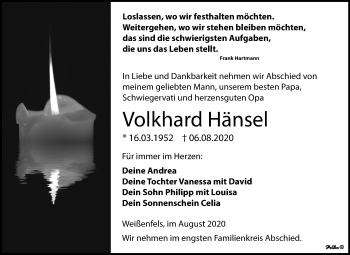 Traueranzeige von Volkhard Hänsel von Wochenspiegel Weißenfels