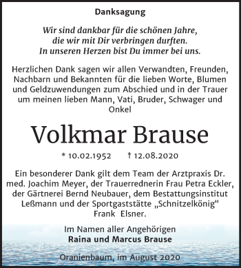 Traueranzeige von Volkmar Brause von Super Sonntag Wittenberg