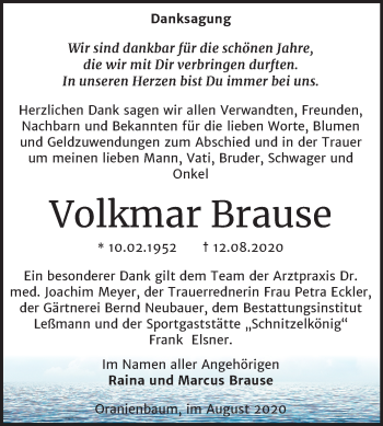 Traueranzeige von Volkmar Brause von Mitteldeutsche Zeitung Wittenberg