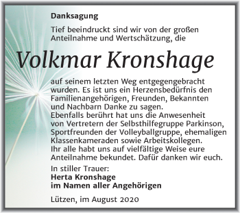 Traueranzeige von Volkmar Kronshage von Wochenspiegel Weißenfels