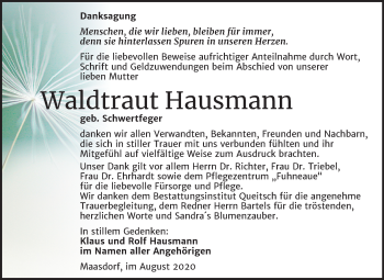 Traueranzeige von Waldtraut Hausmann von Mitteldeutsche Zeitung Köthen
