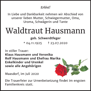 Traueranzeige von Waldtraut Hausmann von Super Sonntag Köthen