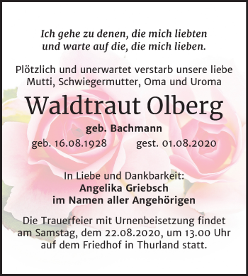 Traueranzeige von Waldtraut Olberg von Mitteldeutsche Zeitung Bitterfeld