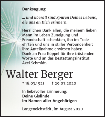 Traueranzeige von Walter Berger von Mitteldeutsche Zeitung Merseburg/Querfurt