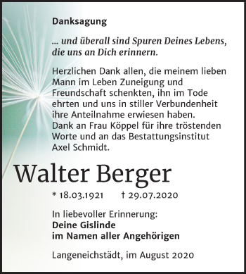 Traueranzeige von Walter Berger von Super Sonntag Merseburg/Querfurt