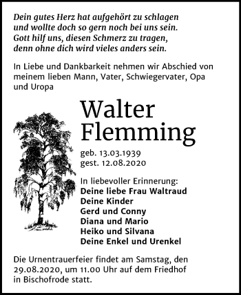 Traueranzeige von Walter Flemming von Wochenspiegel Mansfelder Land