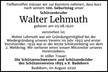 Traueranzeige von Walter Lehmuth von Super Sonntag Quedlinburg
