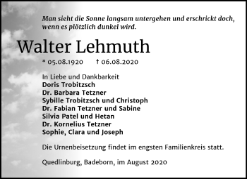 Traueranzeige von Walter Lehmuth von Mitteldeutsche Zeitung Quedlinburg