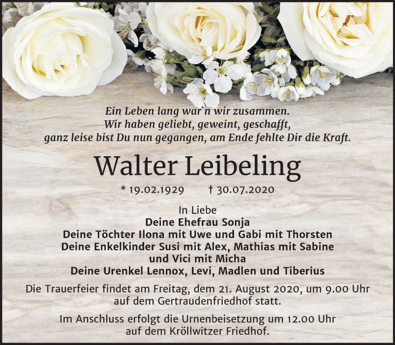  Traueranzeige für Walter Leibeling vom 08.08.2020 aus Mitteldeutsche Zeitung Halle/Saalkreis