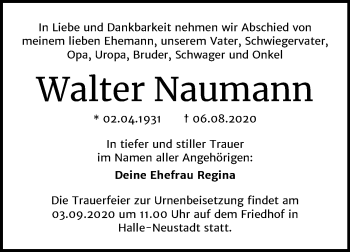 Traueranzeige von Walter Naumann von Mitteldeutsche Zeitung Halle/Saalkreis