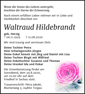 Traueranzeige von Waltraud Hildebrandt von Mitteldeutsche Zeitung Wittenberg