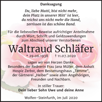 Traueranzeige von Waltraud Schläfer von Mitteldeutsche Zeitung Bitterfeld