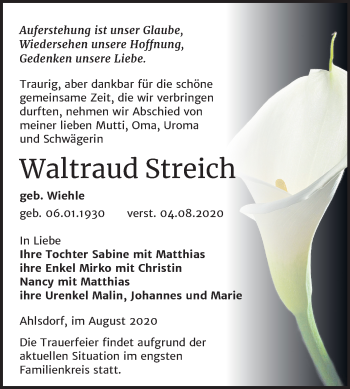 Traueranzeige von Waltraud Streich von Wochenspiegel Mansfelder Land