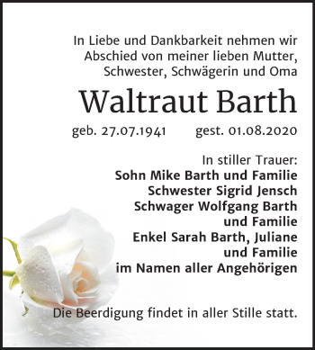 Traueranzeige von Waltraut Barth von Mitteldeutsche Zeitung Halle/Saalkreis