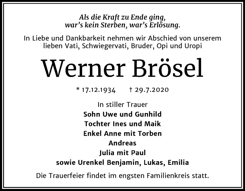  Traueranzeige für Werner Brösel vom 08.08.2020 aus Mitteldeutsche Zeitung Bernburg