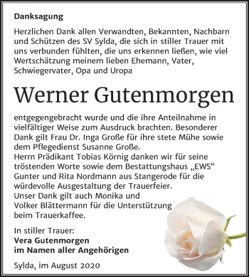 Traueranzeige von Werner Gutenmorgen von Mitteldeutsche Zeitung Mansfelder Land